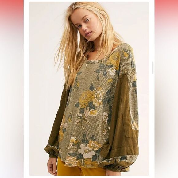 Free People Flower Patch Thermal Waffle Top S Army Green Rare Color Boho Loose - Picture 4 of 12